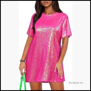 Sequin Shift Mini Dress, Backless with Short Sleeves, Crew Neck